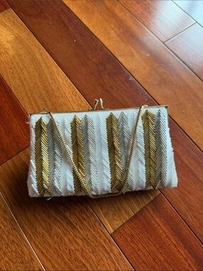 Beaded Evening Clutch Made in Hong Kong Gold Silver Chevron Purse